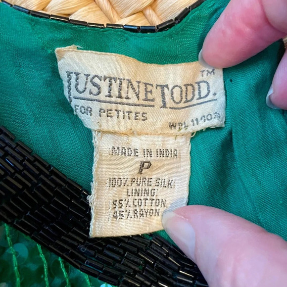 Vintage Justine Todd 100% Silk Green Beaded Sequin Top Size XS Petite Party Fest - Picture 5 of 6